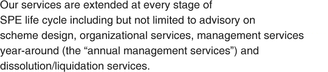 从策划组建到设立、期间管理、解散清算，提供与SPE相关的一系列服务。