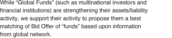 While “Global Funds” (such as multinational investors and financial institutions) are strengthening their assets/liability activity, we support their activity to propose them a best matching of Bid Offer of “funds” based upon information from global network.